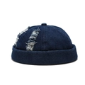 Navy blue distressed denim miki hat with retro ripped details and streetwear vibe - Adjustable / Distressed Dark Blue Denim