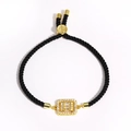 Detail of black woven rope bracelet with gold square pendant and micro-pave cubic zirconia - Gold Square Geometric (Style 21)