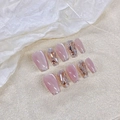 Unghie finte fatte a mano occhio di gatto rosa con punte French glitterate e strass - Extra Piccolo (XS) / Stile Bara Extra Corta (1448)