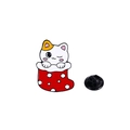 Cute white cartoon cat in red polka dot Christmas stocking enamel lapel pin badge - Cat in Christmas Stocking (CZ0394-1)
