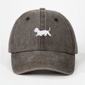 Close-up of white dog embroidery on washed charcoal grey baseball cap with stitching - One Size / Coffee