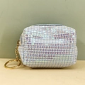 Light blue plaid sequin coin purse with golden zipper and keychain ring for women - Blue