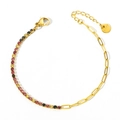 Golden stainless steel bracelet with colorful zircon stones and lobster clasp link chain - Gold / Multicolor