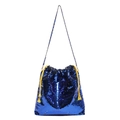 Blue sequin bucket bag with yellow drawstring and metal chain strap for women - Blue