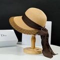 Sombrero de paja de ala ancha para mujer con cinta de gasa marrón elegante para el sol - M (56-58cm) / Caqui