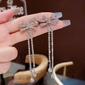 Elegant silver bow earrings with long tassel and teardrop pendants for women - Silver Full Zircon Bowknot Tassel (E0339)