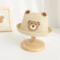 Beige woven straw baby hat with cute 3D bear ears and plush animal patch decoration - Beige (Hat)