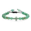 Adjustable green natural stone beaded bracelet with cross charm and gold accents - Green Aventurine