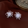Sparkling silver snowflake flower earrings with crystals on deep red satin background - Snowflake Firework / Silver
