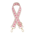 Close-up of woven ethnic bag strap in beige and pink with gold lobster clasps and slider - Cream Pink Rhombus