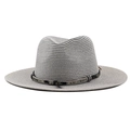 Grey straw fedora hat with black band and feather accent for sun protection - M (56-58cm) / Gray