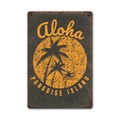 Vintage metal sign with orange Aloha lettering and palm tree silhouette on dark background - 11540(07) / 20*30cm
