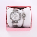 Silver quartz watch and rhinestone bracelet set displayed in a pink gift box - Style 18 + Bracelet + Box