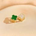 Elegant four-leaf clover stud earring in gold finish with green malachite and white zircon - Gold Frame Green Malachite & Zirconia