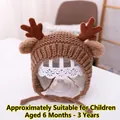 Brown knitted baby reindeer earflap hat with cute antlers for 6 months to 3 years - Dark Khaki Deer - Lined
