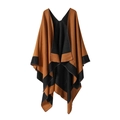 Detail showing the knitted brown cape shawl with contrast black stripes and draped fabric - Contrast Border-Orange Black Reversible