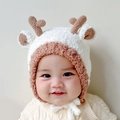 Beige baby knitted hat with cute reindeer ears and soft chin straps for winter warmth - White Deer - Lined