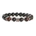 Natural tiger eye and black agate beaded stretch bracelet with silver metal spacers - 10mm Polished Stone + Red Tiger Eye