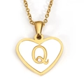 Golden heart pendant necklace with letter Q and white inlay on a fine link chain - Letter Q - Gold Heart White Shell