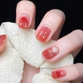 Cute red jelly bear press-on nails with 3D hearts and gradient glitter design - Red Nude Gradient 3D Bear Heart Style (JP1323)