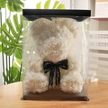 White rose flower bear with silver crown in transparent gift box on wooden table - Wedding Bear+40CM Box+Light / Creamy White