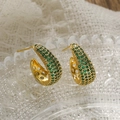 Elegant gold plated C-shaped hoop earrings with green zircon pavé on glass base - Pave-set Green Gemstone Style (44795)
