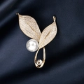Golden leaf brooch with pave zircons, white pearl and clear gemstone on blue silk - 332# Narcissus