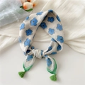 Beige cotton linen floral scarf with blue flowers and green fringe tassels - Five-Petal Flower Blue (Fringe)