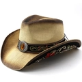 Detail of western straw hat with floral embroidery and vintage silver buckle with amber stone - M (56-58cm) / Beige Coffee