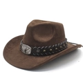 Dark brown faux suede western cowboy hat with silver bull head emblem and studded leather band - M(56-58cm) / Brown Faux Suede