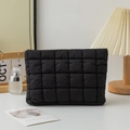 Lightweight black quilted nylon clutch with square stitching and gold zipper detail - Black