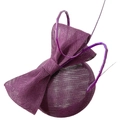 Purple vintage fascinator hat with round base, mesh bow, and elegant wire feather accent - Deep purple