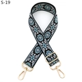 Close-up of ethnic style embroidered bag strap with blue floral patterns and gold hooks - S-19 Black White Light Green Flower