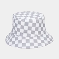 Detailed view of gray and white checkerboard pattern on cotton bucket hat with stitching - One Size / Light Gray