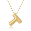 Detailed close-up of golden puff letter T pendant with polished mirror finish and box chain - Letter T / Gold