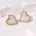 Irregular gold heart stud earrings with white pearl inlay on minimalist stone base - Pearl Texture With Gold Jagged Edge Style / Pearlescent White