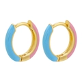 Colorful enamel double color C-shape huggie earrings in gold plated stainless steel - 1 Pair / Gold Pink & Blue