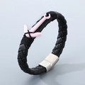 Bracciale intrecciato in pelle nera con ciondolo a ancora rosa e chiusura magnetica - Pelle Nera + Ancora Rosa