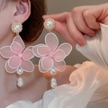Pink layered mesh flower earrings with baroque pearls and gold-plated studs for women - 105# Silver Needle - Pink