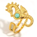 Anello ippocampo regolabile placcato oro 18K con una pietra preziosa azzurro chiaro - Stile Cavalluccio Marino Amazonite (Oro)