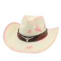 Detail of cowboy straw hat with pink star patterns and silver bull head metal buckle - One Size / Pink (Metal Bull Head + Wind Rope)