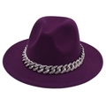 Detailed view of dark purple fedora hat with sparkling rhinestone encrusted silver chain - M (56-58cm) / Purple