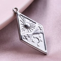 Macro shot of silver diamond-shaped stainless steel pendant with sun moon and star motifs - Silver Style (S1446-S)