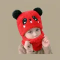 Red panda style kids warm beanie with black pom-poms and integrated neck warmer - Bear Headband Red (ages 2-6)