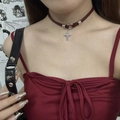 Gothic punk red beaded choker necklace with a silver cross pendant for women - Dark Red Leather Cross Necklace (X4636)
