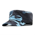 Close-up of blue camouflage flat top military cap with detailed stitching and canvas texture - Adjustable / Blue Camouflage (05)