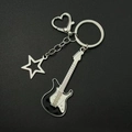 Rock style black guitar keychain with heart carabiner and star charm in silver metal - Black Guitar Keychain [Style 1]