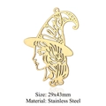 Golden stainless steel witch silhouette pendant for necklaces sized 29x43mm on white background - Gold Wizard Hat