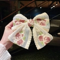 Elegant beige mesh hair bow with pink rose embroidery and delicate lace edges - Medium Lace Rose Bow