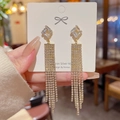 Elegant geometric gold tassel earrings with sparkling cubic zirconia on S925 silver studs - Gold Full Zircon Long Tassel (E0360 Gold)
